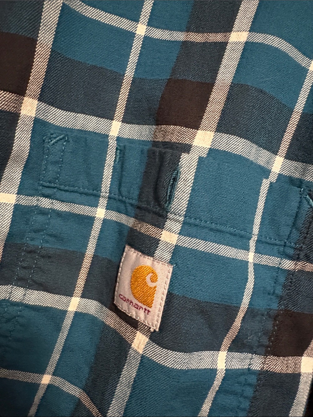 Carhartt Men's Teal and Black Plaid Short Sleeve Button-Down Shirt - Picture 2 of 3